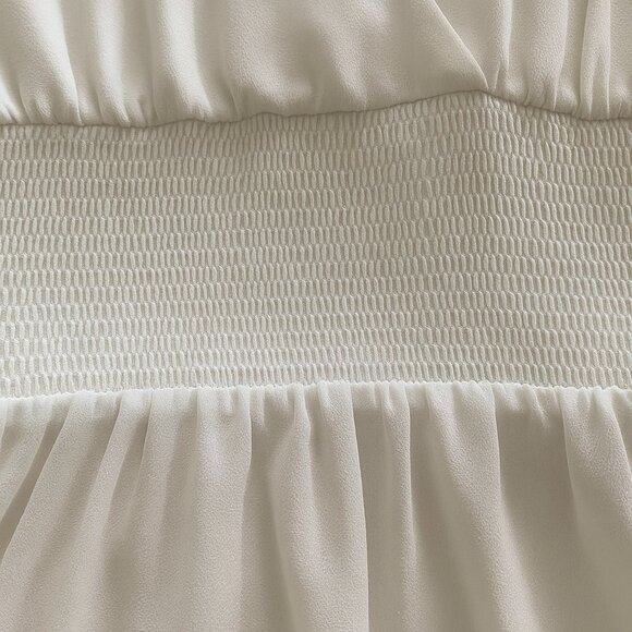 Wilfred Smocked Mini Dress | Light Birch | Long Sleeve V-Neck - Picture 4 of 9